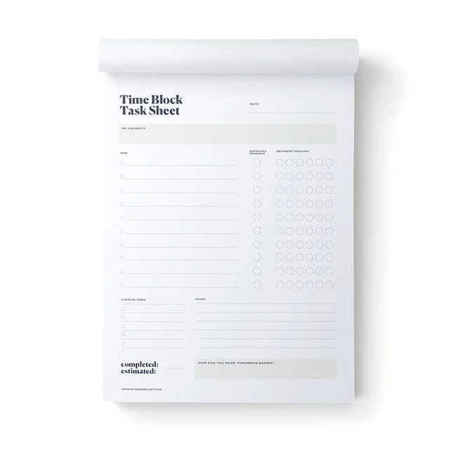 Time Block Task Sheet Notepad